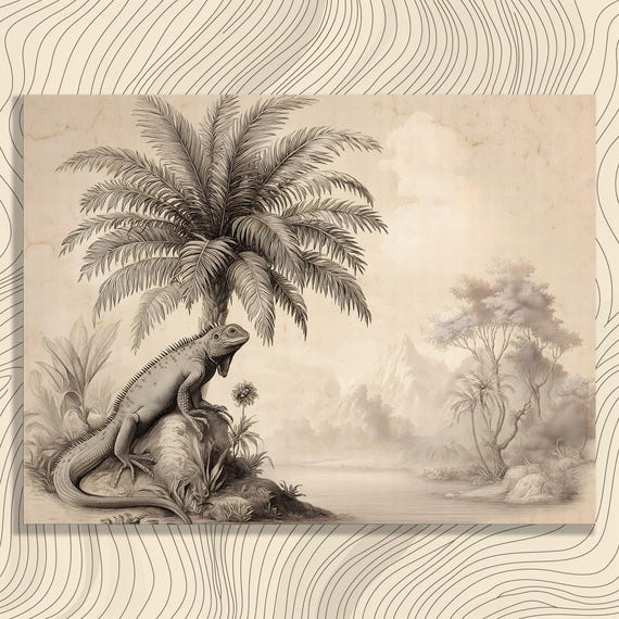 Vintage Iguana Canvas Wall Art Palm Tree Engraving Tropical Wildlife Decor Victorian Reptile Illustration Antique Botanical Sepia Print