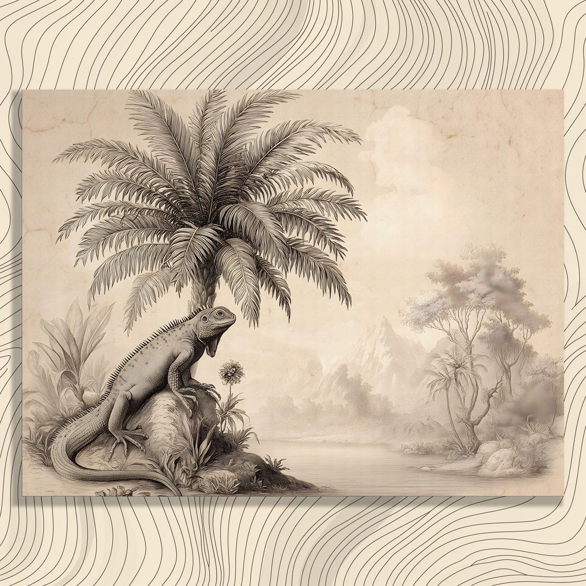 Vintage Iguana Under Tropical Palm Engraving Wildlife Wall Art