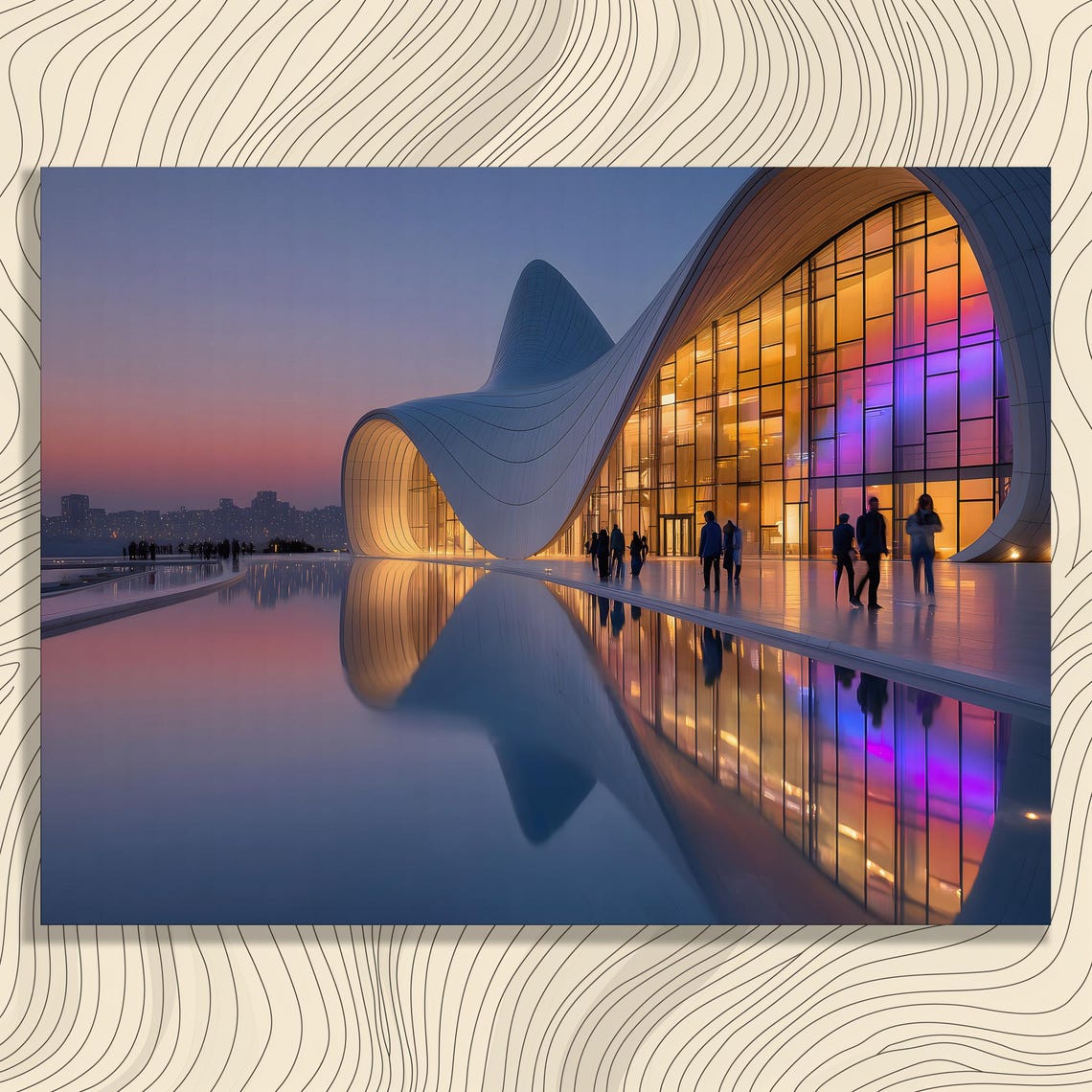Futuristic Architecture Canvas Wall Art Modern Landmark Cityscape At Dusk With Mirrored Water Blue Orange Contemporary Facade Print