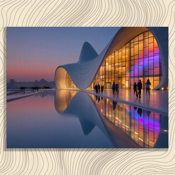 Futuristic Architecture Canvas Wall Art Modern Landmark Cityscape At Dusk With Mirrored Water Blue Orange Contemporary Facade Print