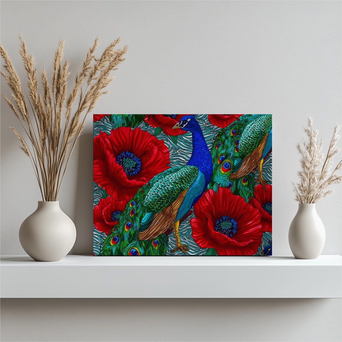 Stunning Peacock Portrait Among Giant Red Poppies Floral Print
