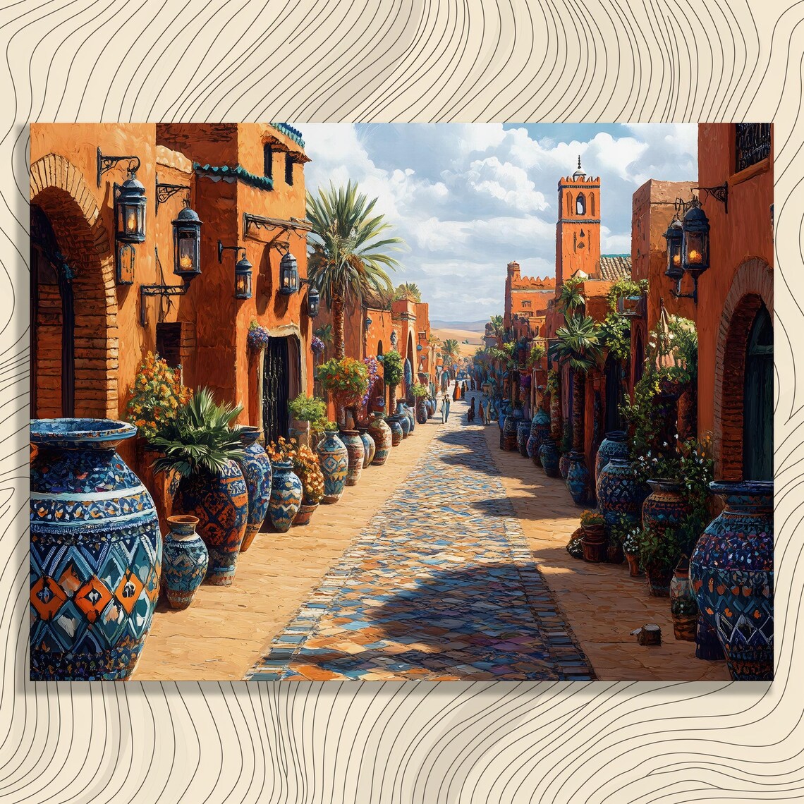 Moroccan Street Sunlit Market Colorful Terracotta Travel Poster