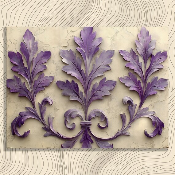 Elegant Purple Acanthus Leaf Relief Ornate Classic Pattern Wall Art