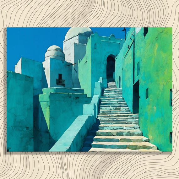 Mediterranean Architecture Canvas Wall Art Vibrant Turquoise Sky Coastal Tropical Painting For Modern Interiors Fine Prints