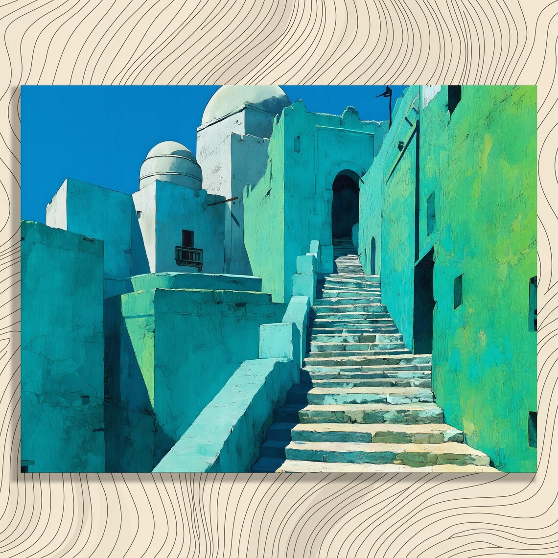 Turquoise Old Town Staircase Blue Street Mediterranean Art Poster