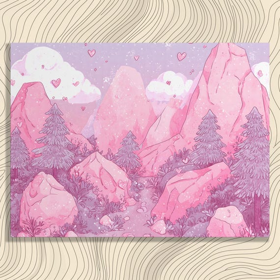Whimsical Pink Mountains Canvas Wall Art Pastel Nature Print Heart Landscape Colorful Design Fantasy Scenery Style Forest Clouds