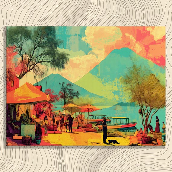 Lakeside Village Canvas Wall Art Colorful Bohemian Mountain Market Landscape Print Decor For Teens Adults Sunlight Reflections Boats Scene