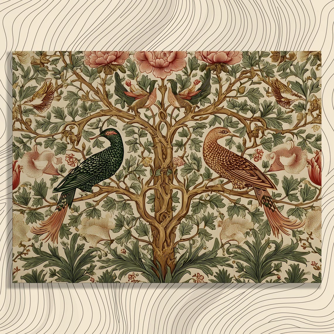 Birds Perched on Tree of Life Arts and Crafts Botanical Poster