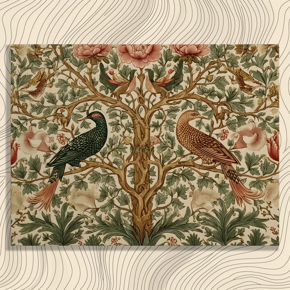 Vintage Botanical Birds Canvas Wall Art Arts And Crafts Floral Tree Branches Foliage Peony Vines Nature Decor Beige Green Print Pa