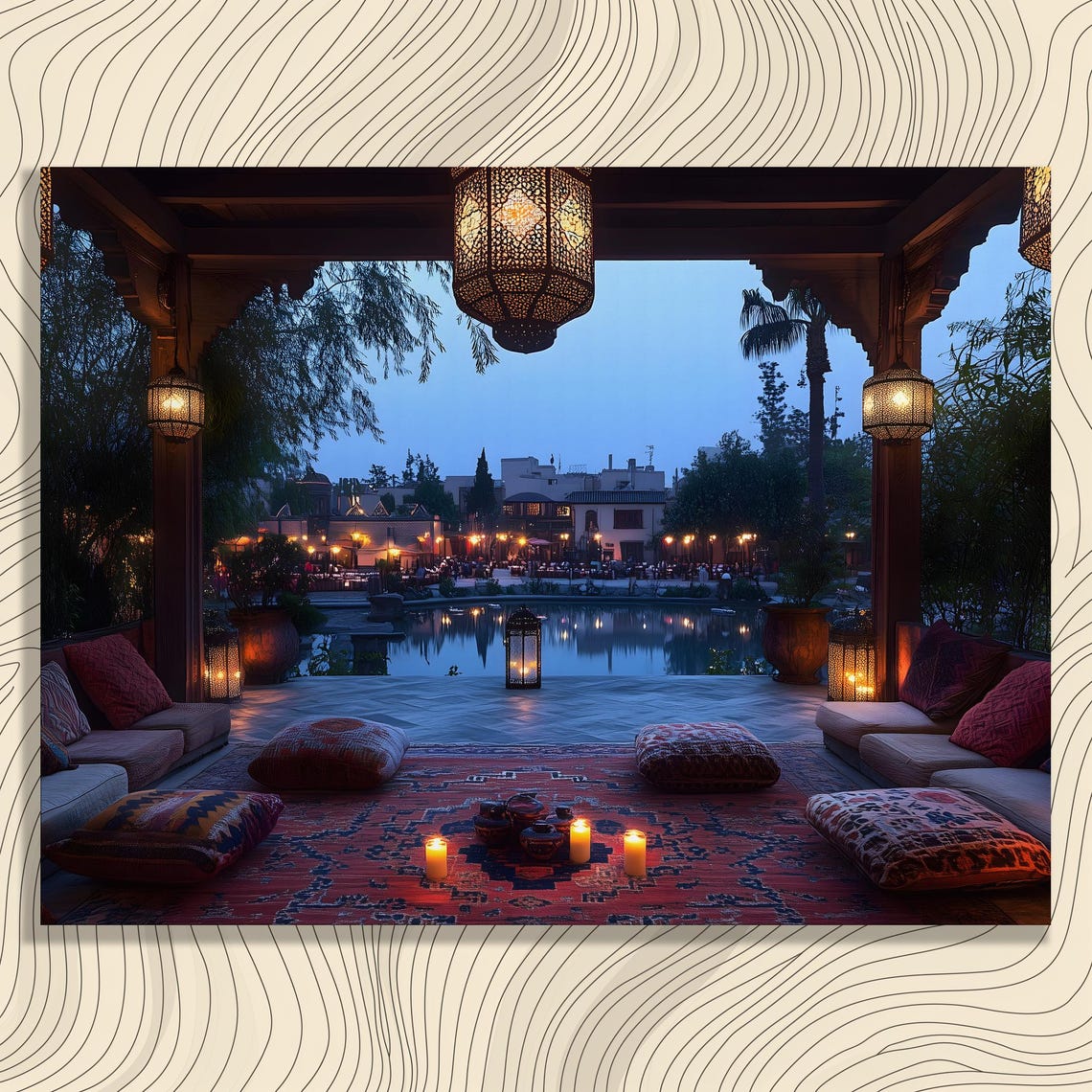 Moroccan Lounge Lanterns Cushions Lake View Dusk Courtyard Art Poster