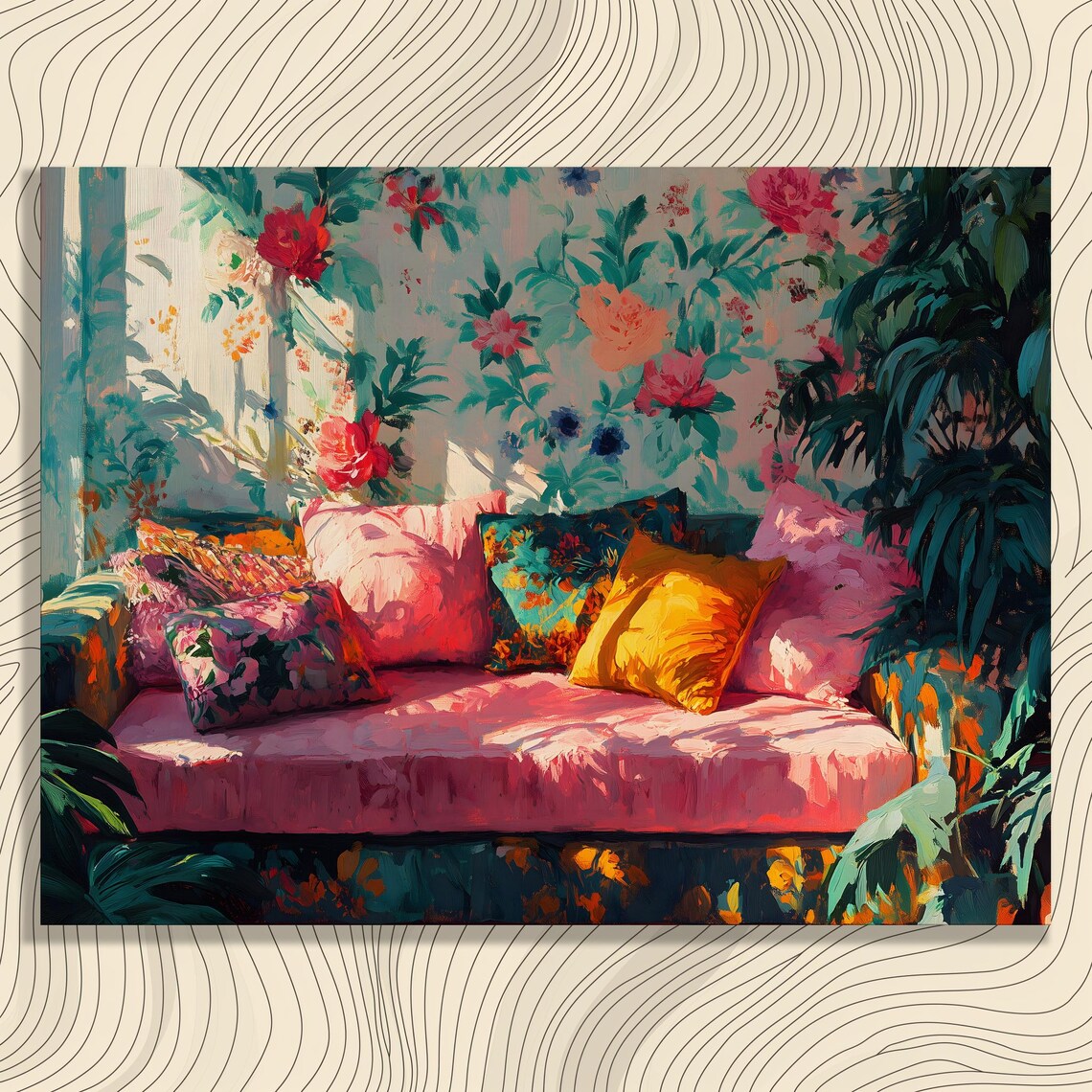 Sunlit Pink Floral Sofa Botanical Living Room Painting Poster