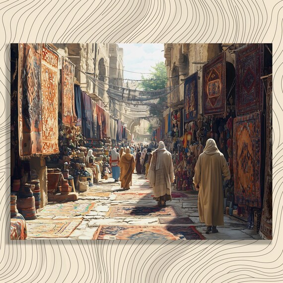 Bustling Carpet Bazaar Street Sunlit Textile Market Scene Poster
