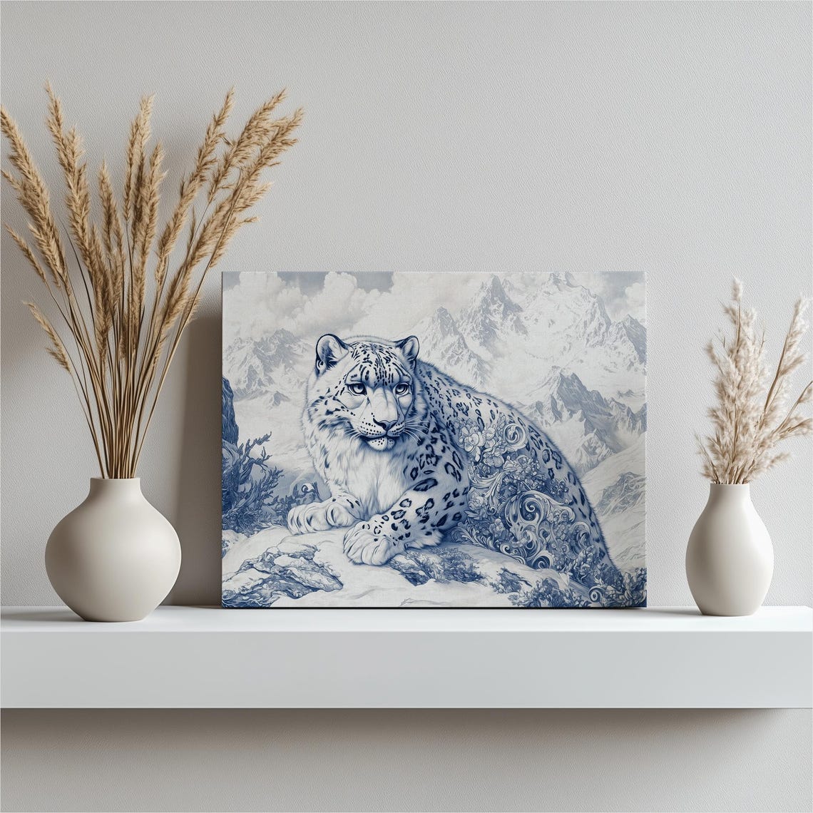 Snow Leopard Resting Before Snowy Peaks Blue Illustration Poster