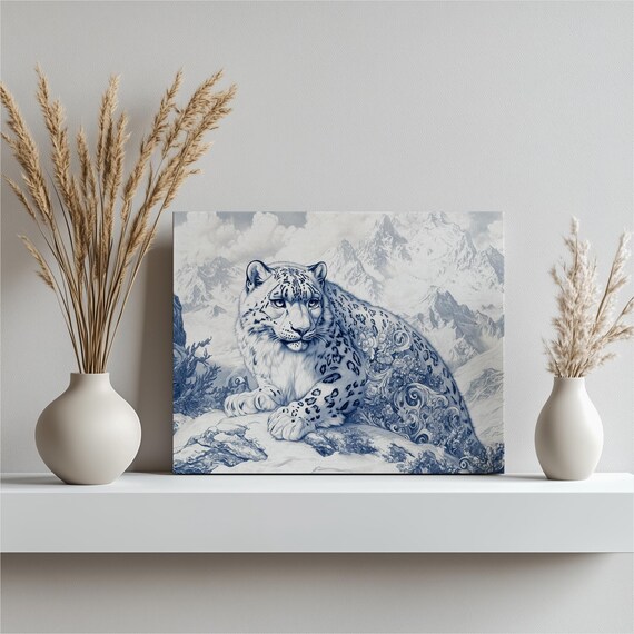 Majestic Snow Leopard Canvas Wall Art With Mountain Landscape And Floral Accents Blue Wildlife Nature Print For Modern Home Decor