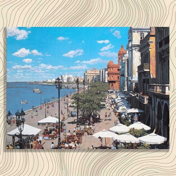 Seaside Cityscape Canvas Wall Art Waterfront Promenade Urban Painting Blue Sky Coastal Decor Ocean Print Travel Gift
