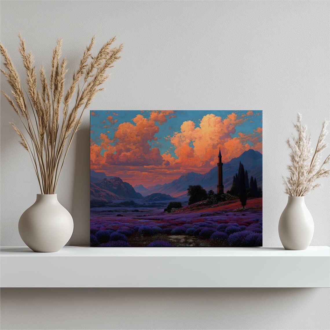 Lavender Sunset Field Purple Blooms Mountains Oil Painting Wall Art