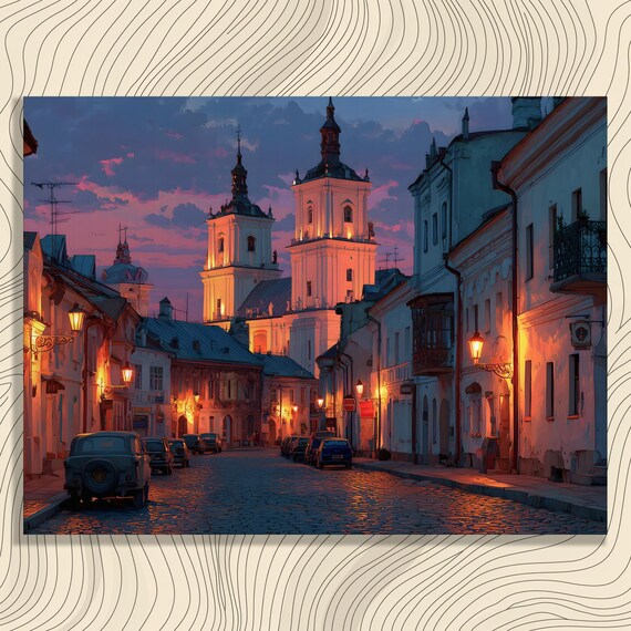 Urban European Cityscape Canvas Wall Art Sunset Old Town Painting Print Glowing Street Lamps Historic Architecture Decor Gift