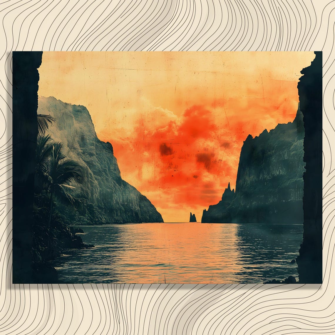 Tropical Sunset Rocky Cove Dramatic Orange Sky Ocean Art Poster
