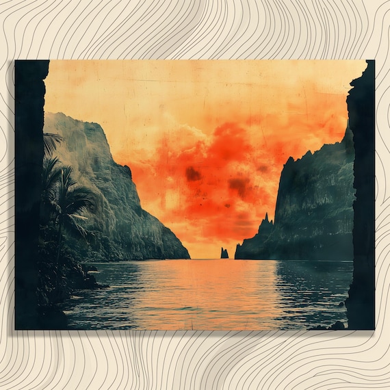 Tropical Sunset Rocky Cove Dramatic Orange Sky Ocean Art Poster