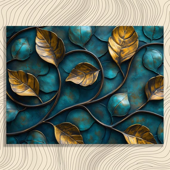 Golden Leaves Teal Canvas Wall Art Botanical Decor Prints Modern Contemporary Artwork For Nature Home And Enthusiasts