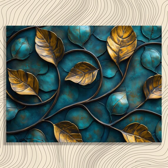 Golden Teal Metallic Leaf Abstract Botanical Texture Art Poster