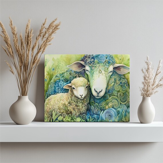 Sheep and Lamb Whimsical Pastoral Nursery Watercolor Art Print