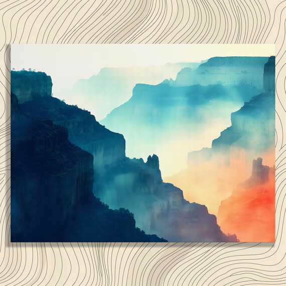 Misty Canyon Canvas Wall Art Antelope Print Sunrise Landscape Decor Modern Nature Painting Gift Blue Orange