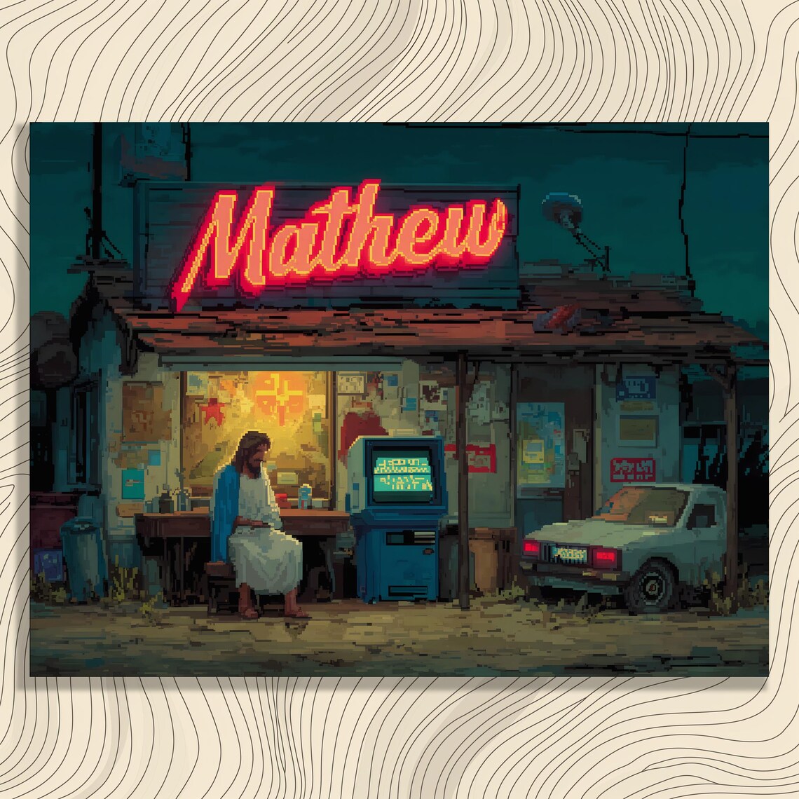 Mathew Neon Sign Night Shop Pixel Art Retro City Scene Wall Poster