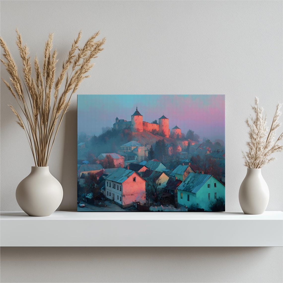 Hilltop Castle Over Old Village at Dusk Romantic Painting Poster