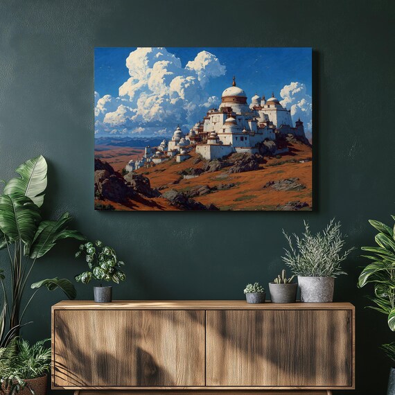 Buddhist Mountain Temple Canvas Wall Art Colorful Vivid Sky Towering Cumulus Landscape Fortress Rocky Hillside Painting