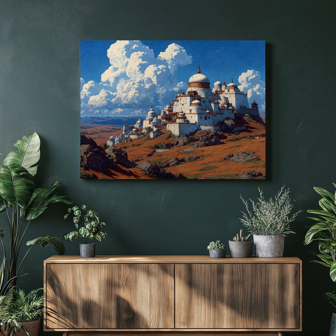 Buddhist Mountain Temple Vivid Blue Sky Monastery Wall Print