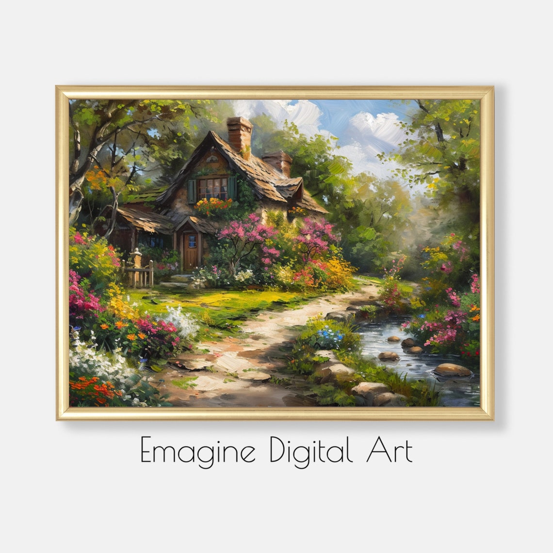 Country Cottage by Stream Wildflower Garden Oil Painting Art Poster