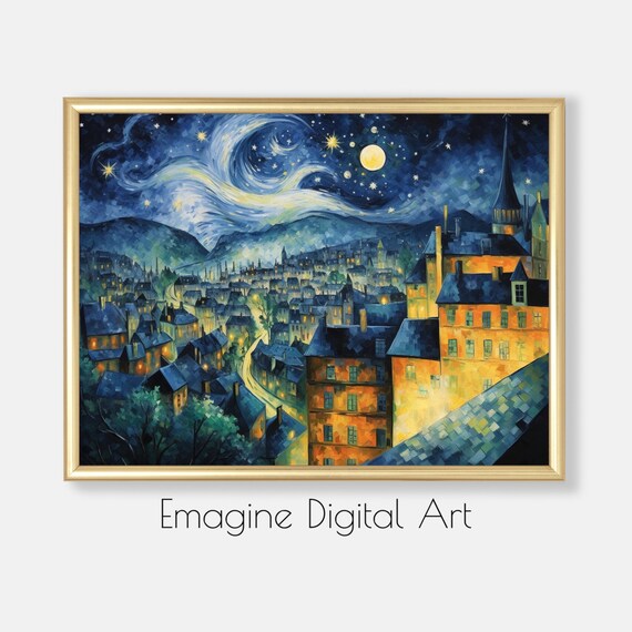 Art Starry Night Over Moonlit European Village Impressionist Wall Decor To Print Frame Ls93