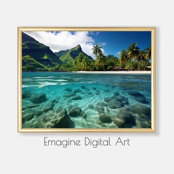 Art Tahitian Beach And Tiki Huts Photo Tropical Wall Decor To Instantly Print Frame Tr23