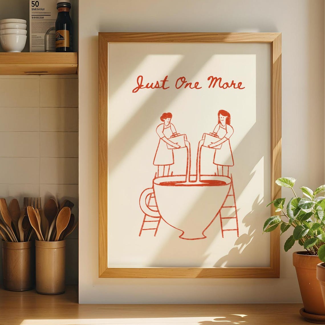 Just One More Giant Coffee Cup Red Line Illustration Poster Art