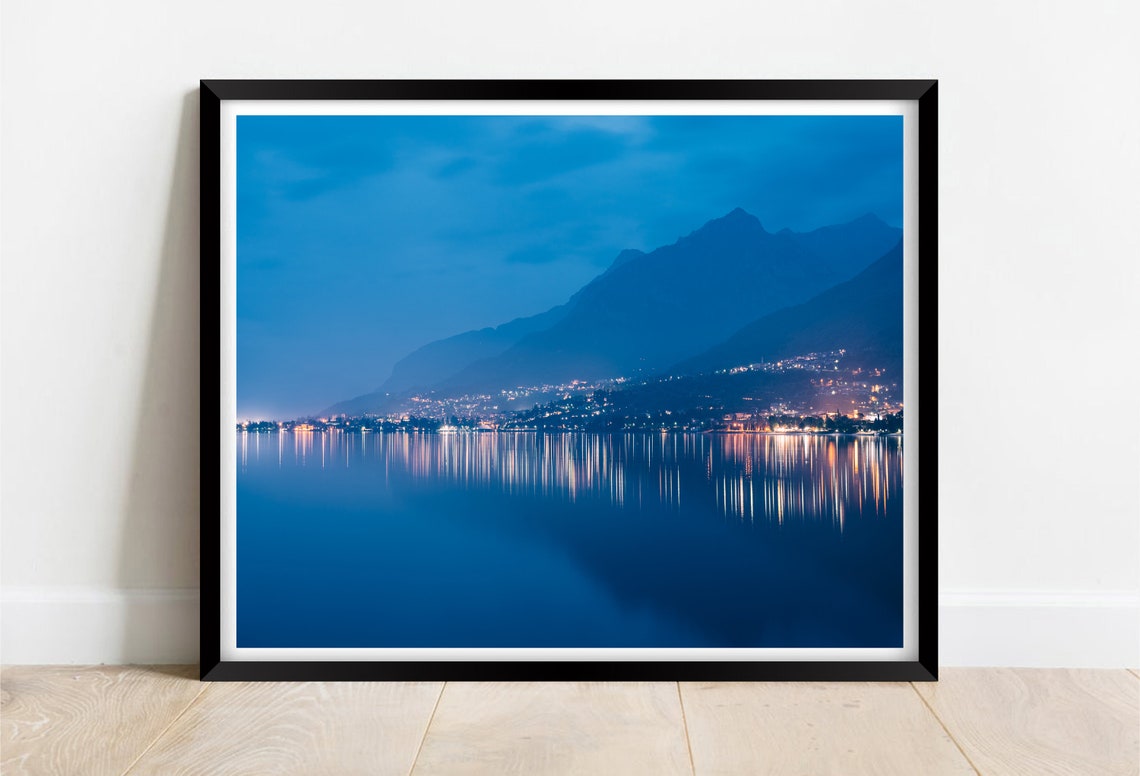 Lake Como Italy Blue Hour Twilight Mountain Lights Reflection Poster