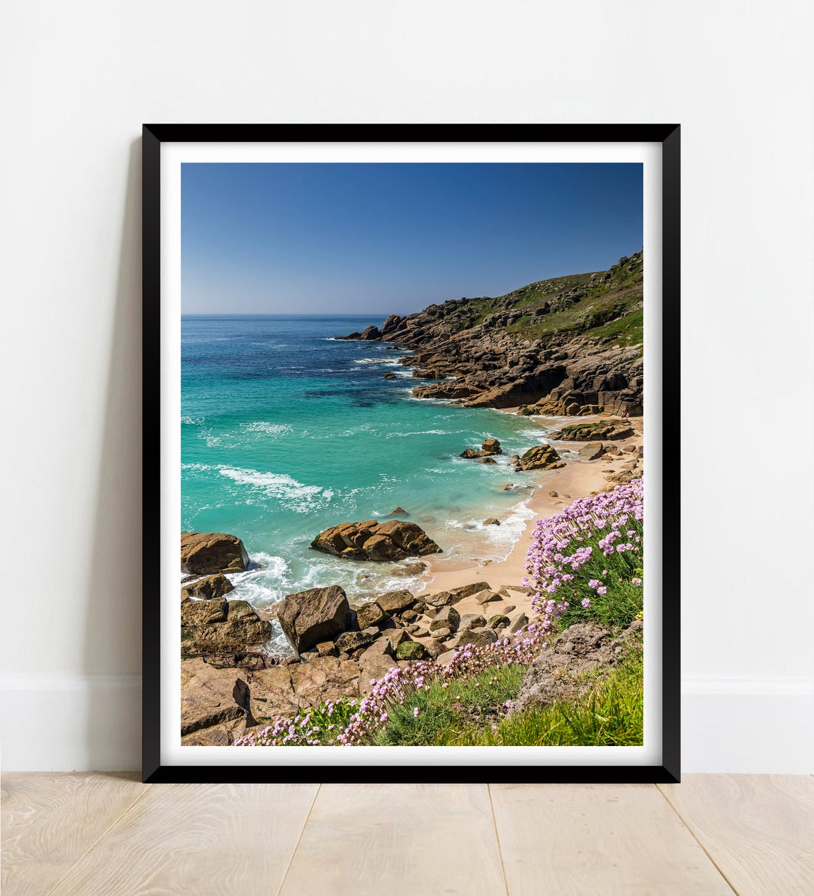 Porthchapel Beach Cornwall Rocky Cove Wildflowers Turquoise Sea Poster