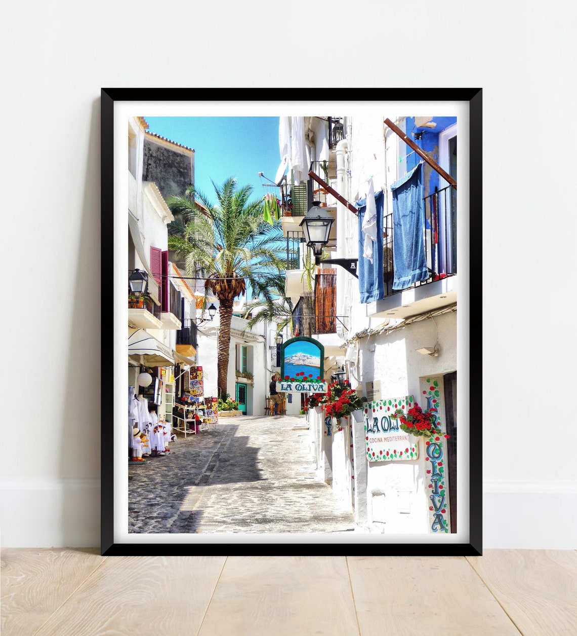 Ibiza Old Town La Oliva Street with Palm and White Houses Poster
