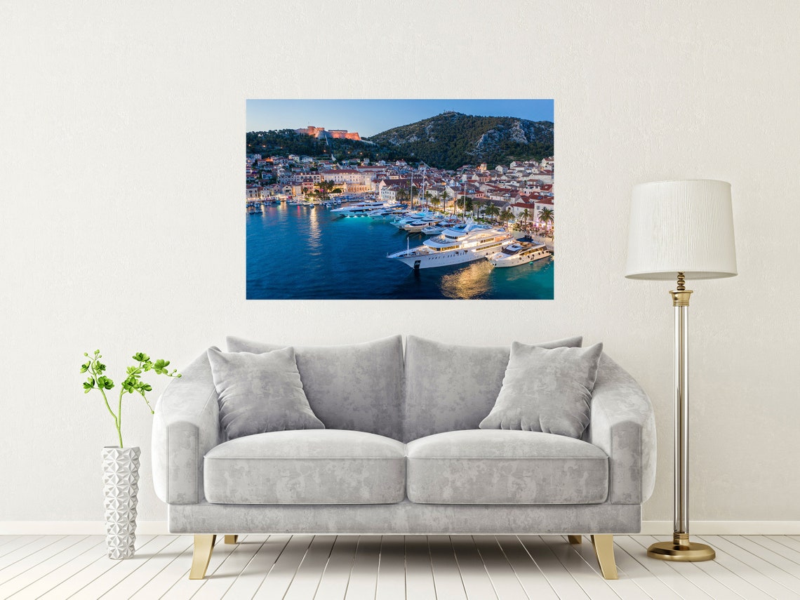 Hvar Harbour Croatia at Night with Yachts and Lit Fortress Poster - Image 2