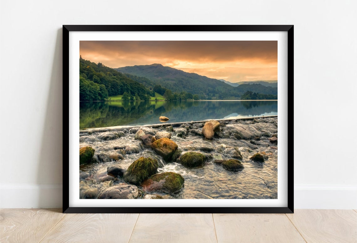 Grasmere Lake District Fells Sunset Reflections Rocky Shore Poster