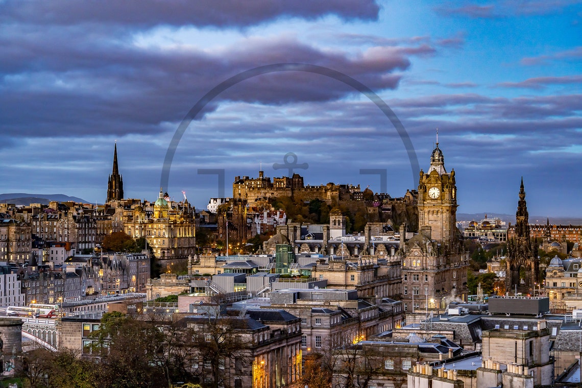 Edinburgh Old Town Skyline Castle And Clock Tower At Dusk Poster - Image 3