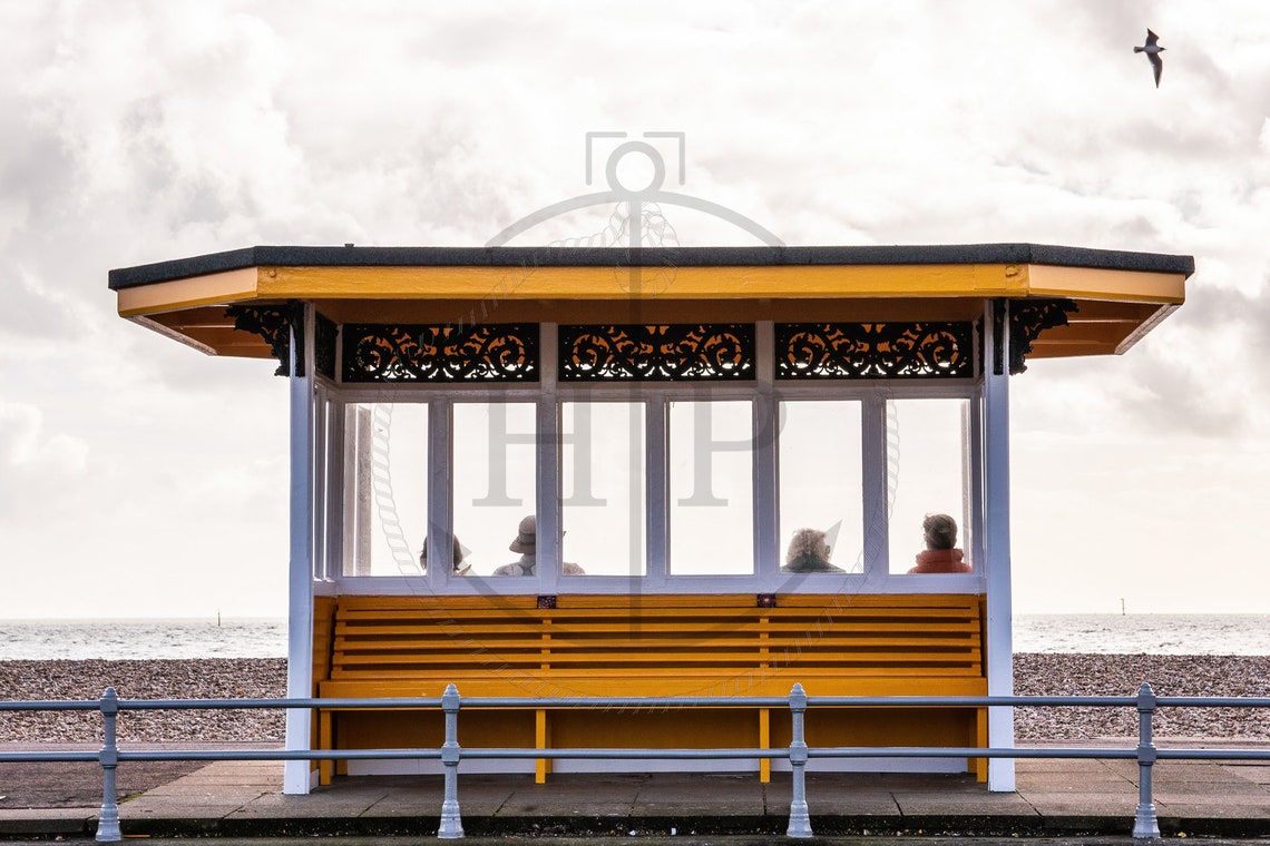 Southsea Victorian Beach Shelter Yellow Seafront Scene Poster - Image 3