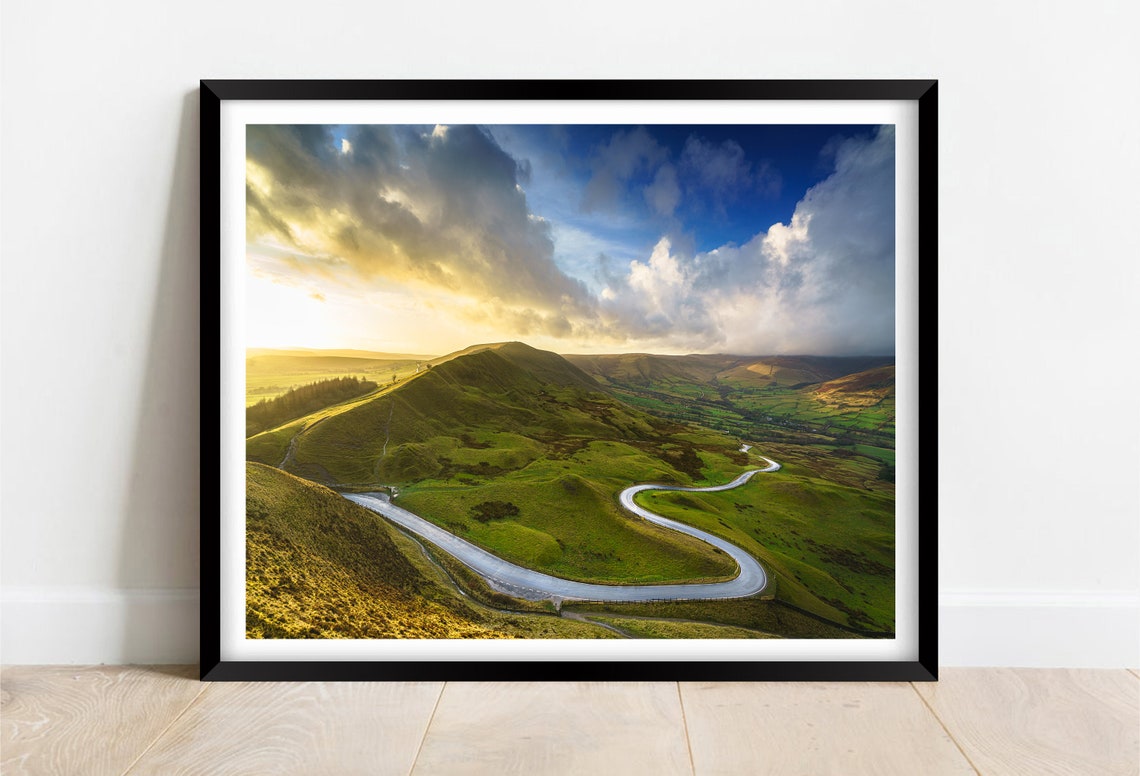 Mam Tor Peak District Winding Road Over Green Hills Sunrise Poster