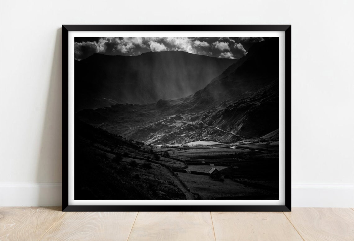 Snowdonia Eryri Rain Valley Black And White Mountain Storm Poster