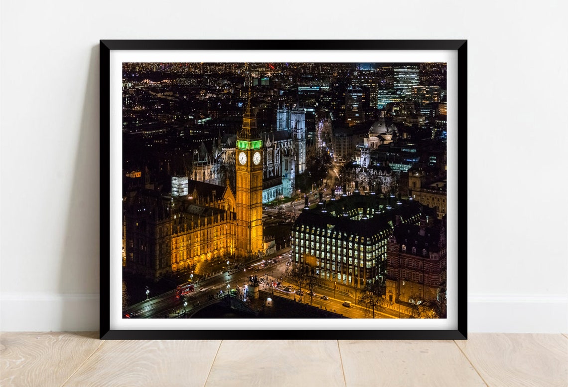 Big Ben Westminster London At Night Aerial Glowing City Poster