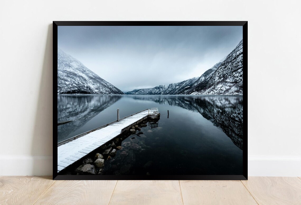 Norway Fjord Snowy Winter Jetty Mountain Reflection Photo Poster - Image 2