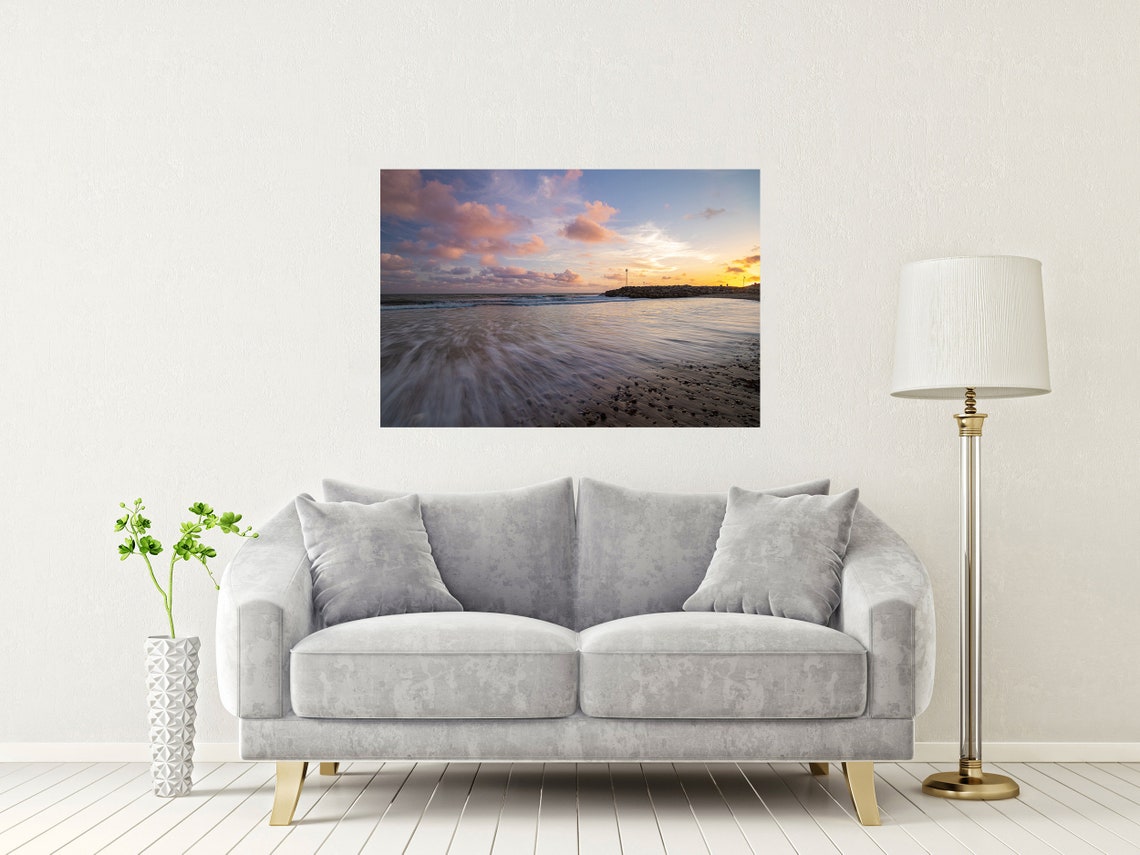 Golden Sunset Over Ocean Beach Waves with Rocky Breakwater Poster - Image 2