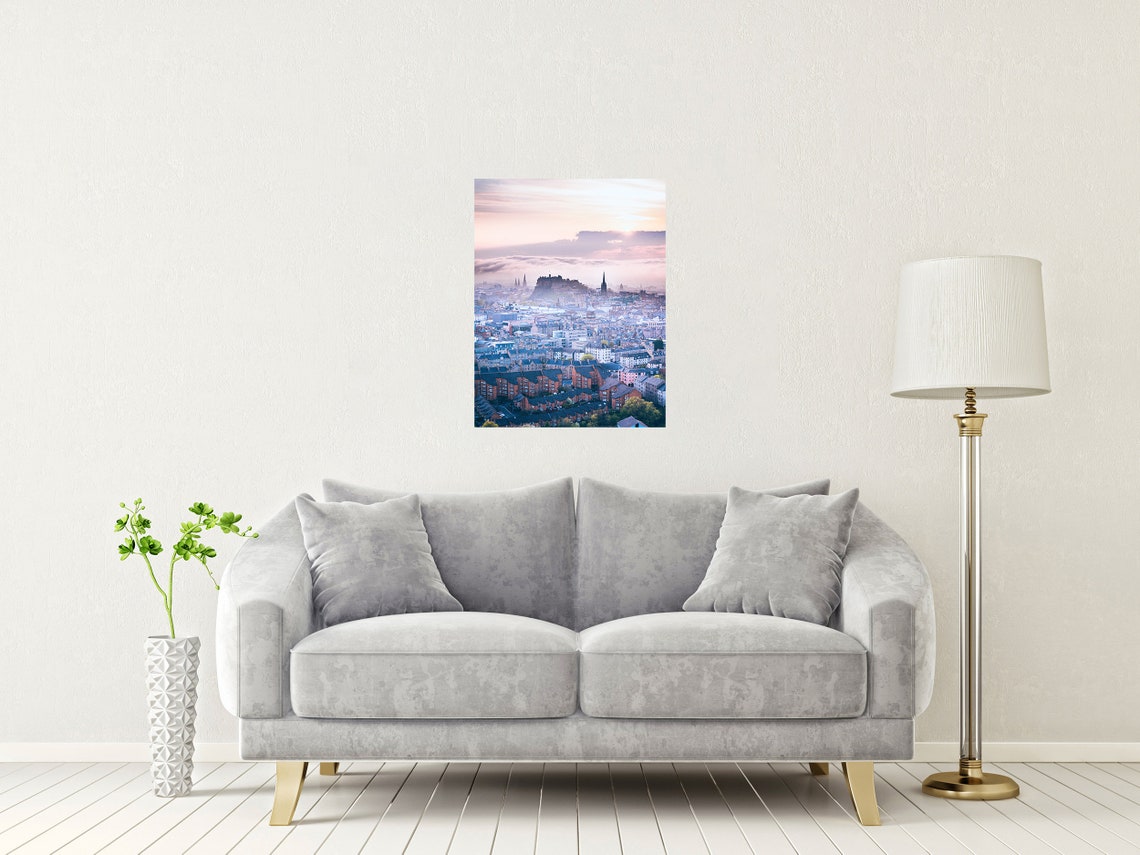 Edinburgh Castle Scotland Sunset Skyline Misty Aerial Poster - Image 2