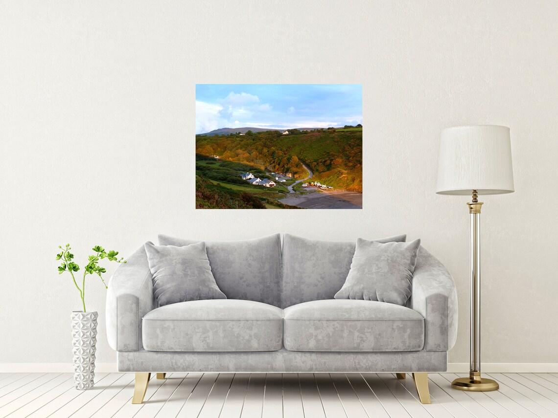 Pwllgwaelod Beach Evening Light Over Valley Cottages Wales Poster - Image 2
