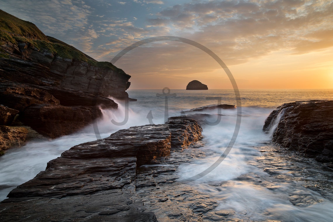 Smugglers Cove Cornwall Sunset Rocky Coast Golden Waves Poster - Image 3